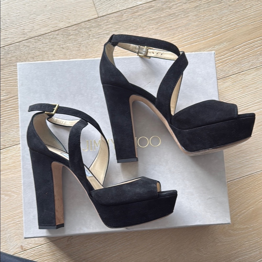 Jimmy Choo Black Suede Platform Heels 7.5 - Picture 4 of 12